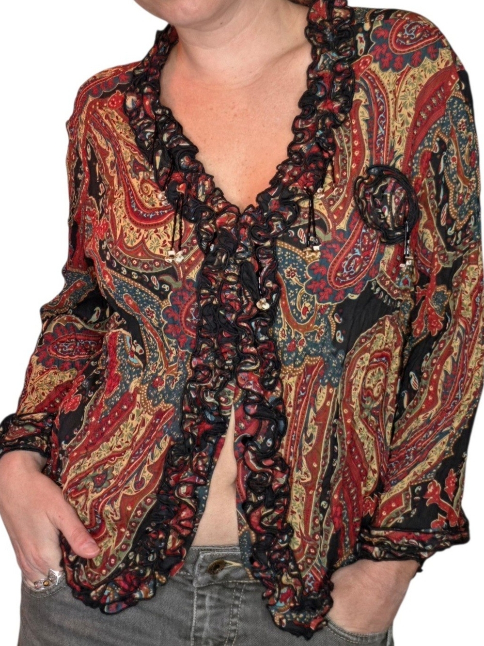 Vintage Y2K Agora Paisley Jewel Tone Crinkle Frill Fairy Festival Whimsigoth Top